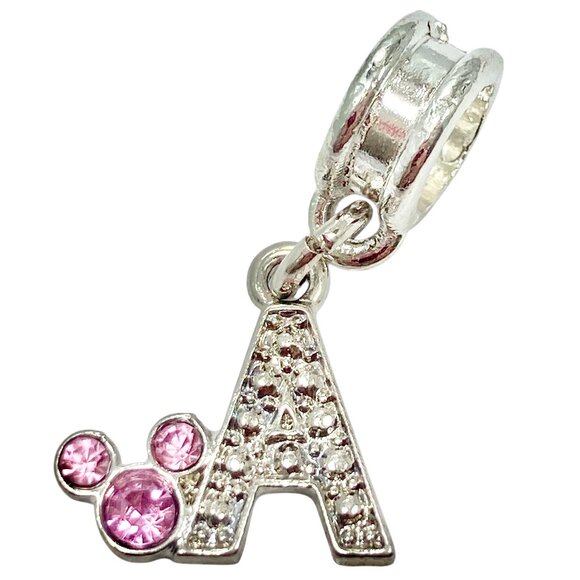 Vtg Disney Pink Crystal Mickey Mouse Ears European Slide Charm Initial Letter A - Picture 1 of 5